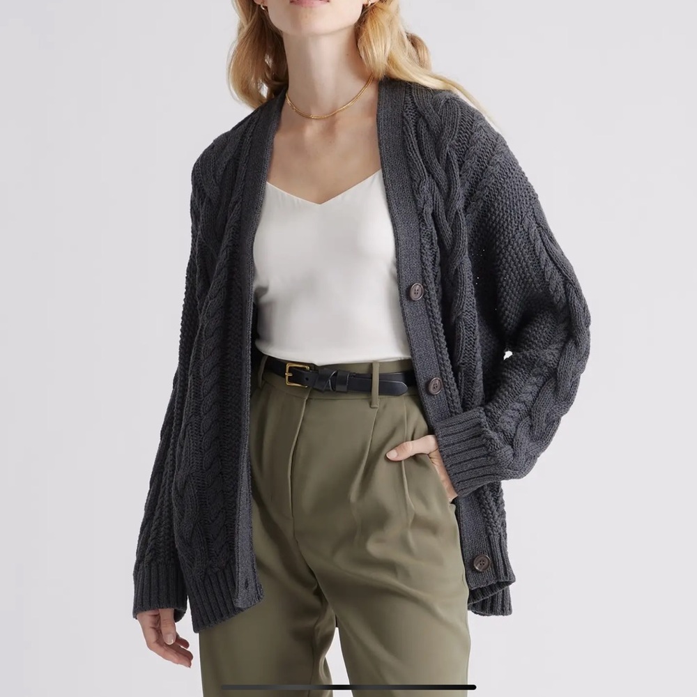 Quince 100% Organic Cotton Oversized Cable Cardigan XS Charcoal NWOT